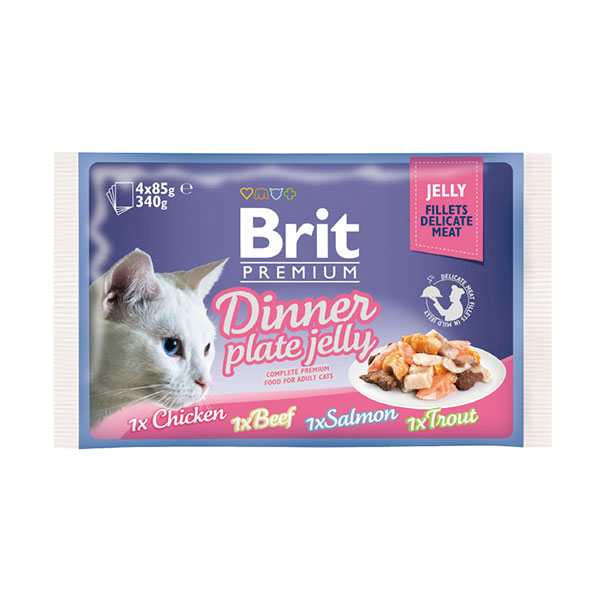 Влажный корм Brit Premium Набор паучей для кошек Dinner Plate Jelly Кусочки в желе 4x85 г