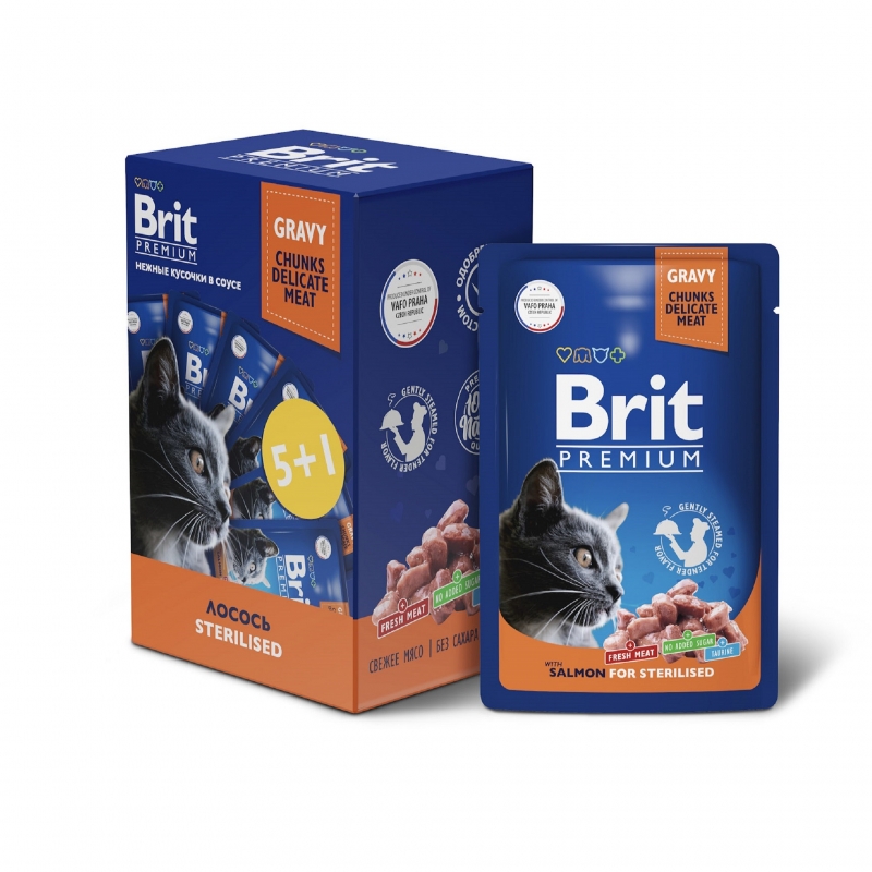 Brit Premium Пауч 5+1 лосось в соусе для взрослых стерилизованных кошек