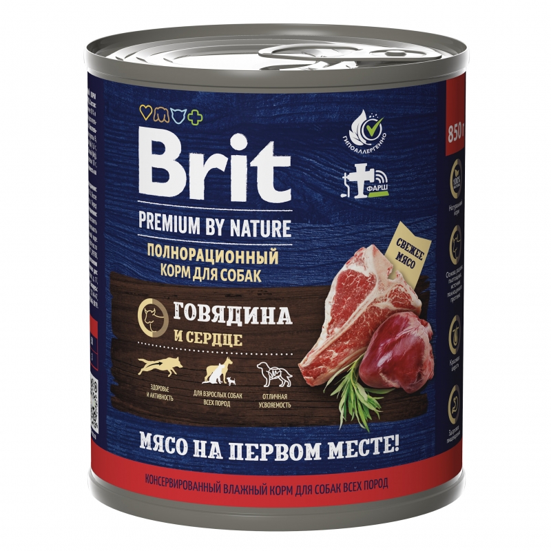 Brit Premium By Nature консервы с  говядиной и сердцем для взрослых собак всех пород, 850 гр