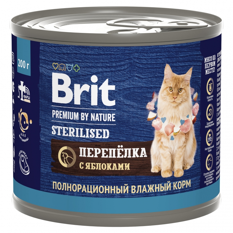 Brit Premium by Nature консервы с мясом перепёлки и яблоками для стерилизованных кошек