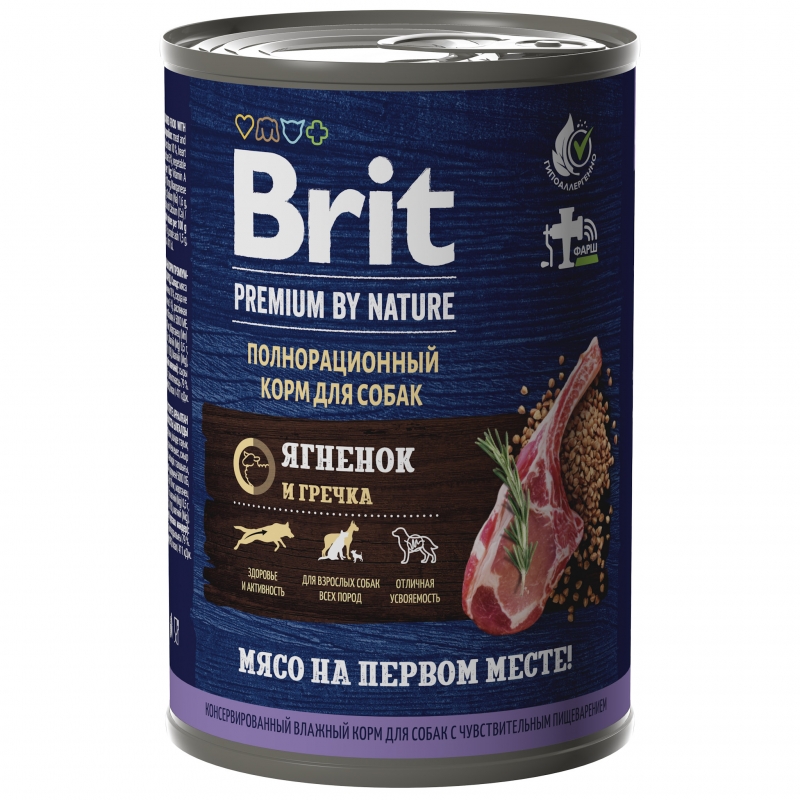 Brit Premium by Nature консервы с ягненком и гречкой для взрослых собак всех пород с чувствительным пищеварением