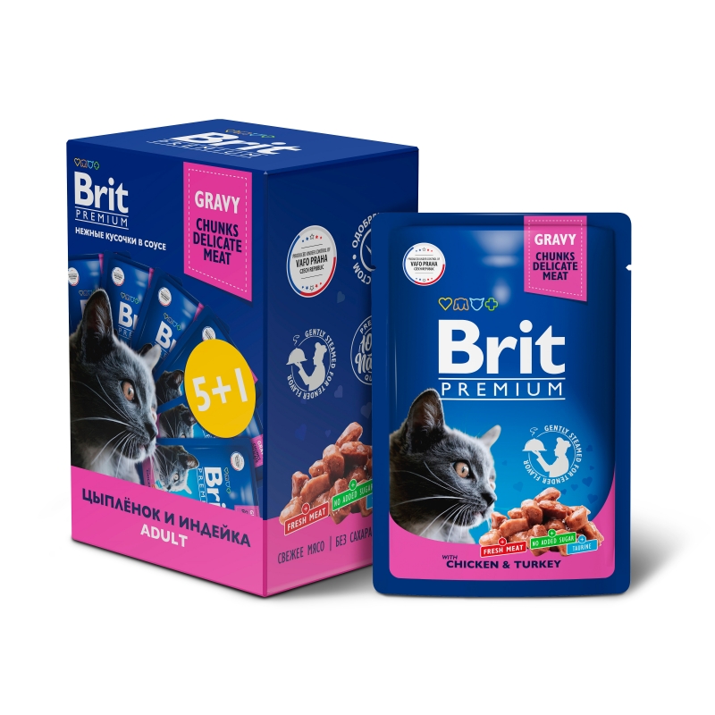 Brit Premium Пауч 5+1 цыпленок и индейка в соусе для взрослых кошек