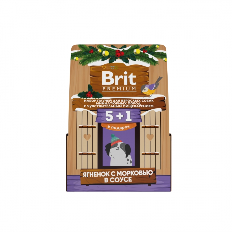 Brit Premium, Набор паучей 5+1, ягненок с морковью в соусе для собак мини-пород с чyвствительным пищеварением, кормушка