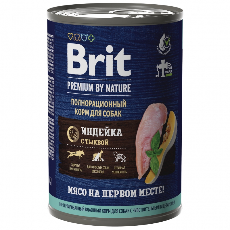 Brit Premium by Nature консервы с индейкой и тыквой для взрослых собак всех пород с чувствительным пищеварением
