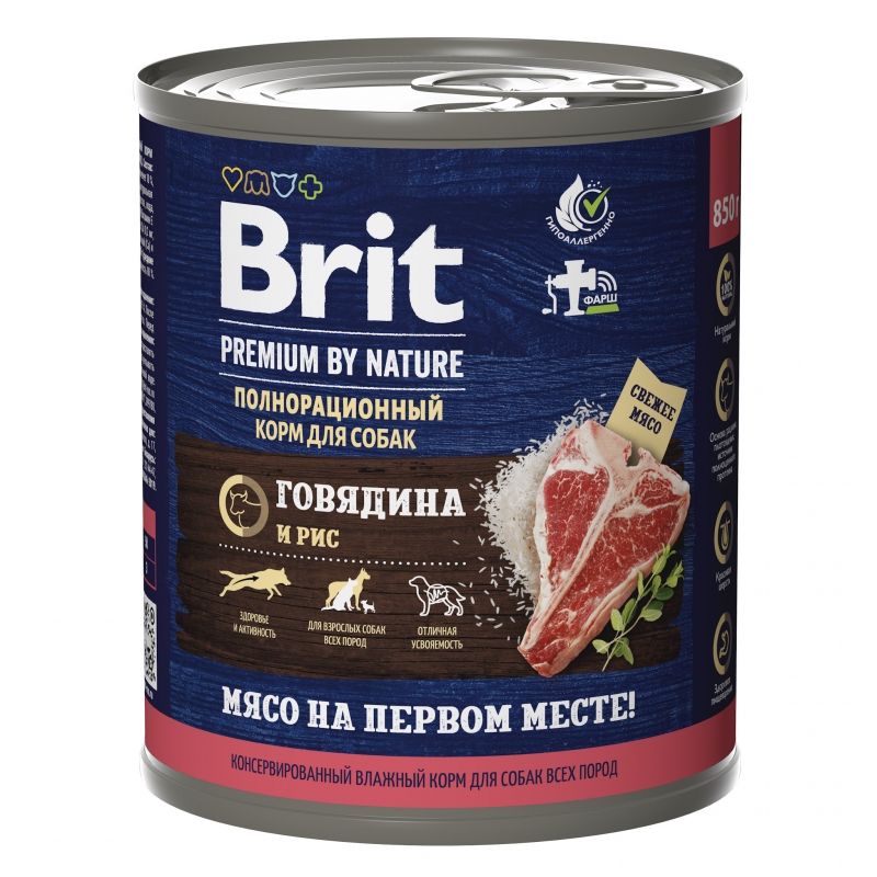 Brit Premium By Nature консервы с говядиной и рисом для взрослых собак всех пород, 850 гр