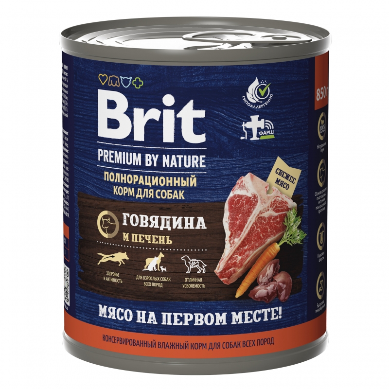 Brit Premium By Nature консервы с говядина и печенью для взрослых собак всех пород, 850 гр
