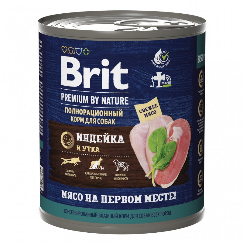 Брит Brit Premium By Nature консервы с  индейкой и уткой для взрослых собак всех пород, 850 гр