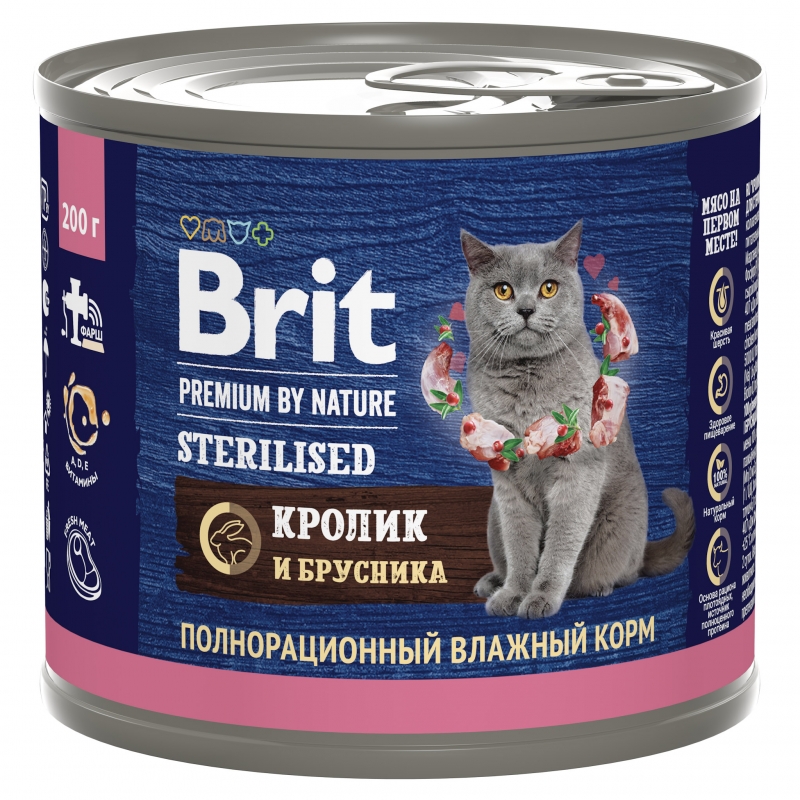 Brit Premium by Nature консервы с мясом кролика и брусникой для стерилизованных кошек