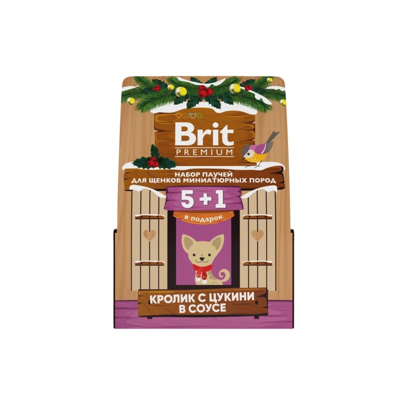 Brit Premium, Набор паучей 5+1 кролик с цукини в соусе для щенков мини-пород, кормушка
