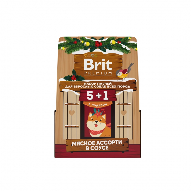 Brit Premium, Набор паучей 5+1, мясное ассорти в соусе для взрослых собак всех пород в соусе, кормушка