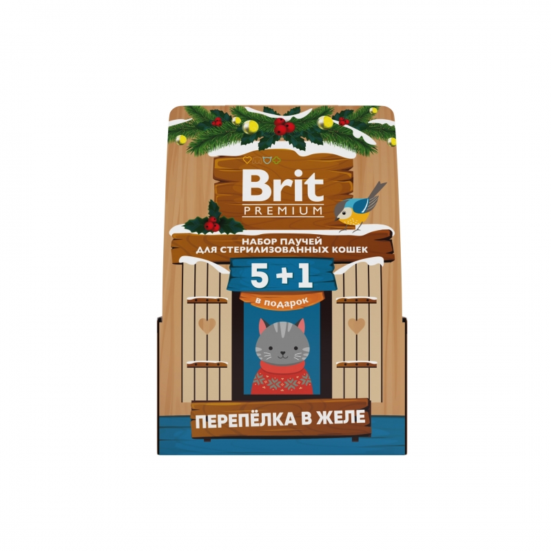Brit Premium, Набор паучей 5+1, перепелка в желе для взрослых стерилизованных кошек, кормушка