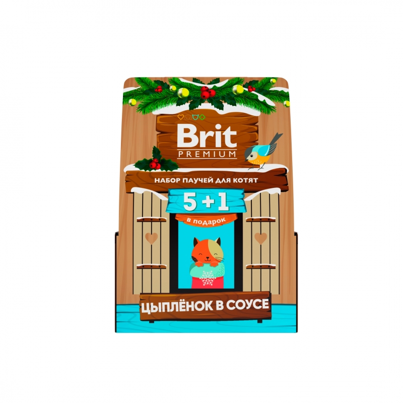 Brit Premium, Набор паучей 5+1, цыпленок в соусе для котят, кормушка